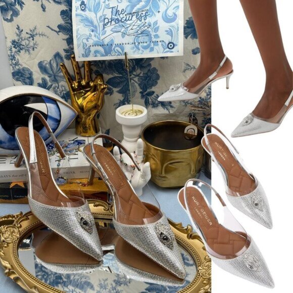 🆕 KURT GEIGER LONDON 🧿 NWOB Belgravia Vinyl 65 Slingback Heels, Silver, Sz 7.5 - Picture 1 of 14